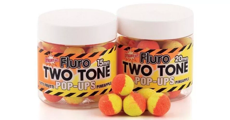 Gyors szállítás Dynamite Baits Fluro Pop-Up Two Tone Tutti Frutti & Pineapple bojli 15mm (DY595)