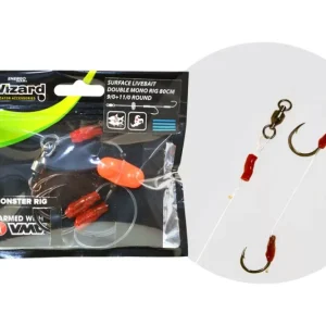 WIZARD MONSTER SURFACE LIVEBAIT DOUBLE MONO RIG ROUND 9/0-11/0 Azonnali szállítás