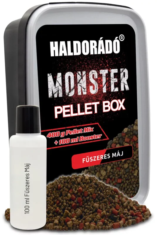 Gyors szállítás Haldorádó Monster pellet box- fűszeres máj 400g+100ml